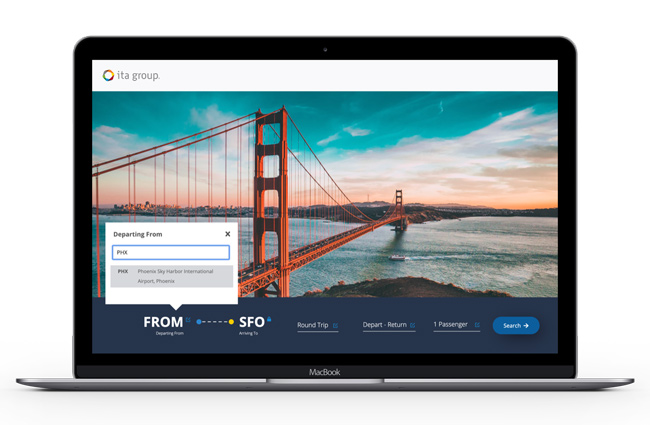 ITA Group online air travel booking tool on laptop